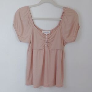 NWT Pink Rose Babydoll Top Sz M Puff Sleeves Buttons Coquette Fairy Y2k Stretchy